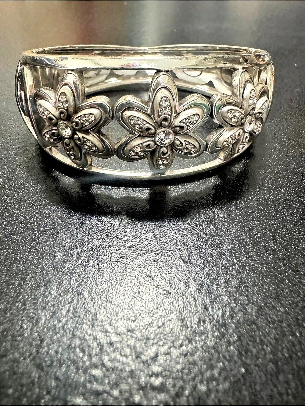 Brighton Silver Tone Crystal Floral Flower Bangle Bracelet